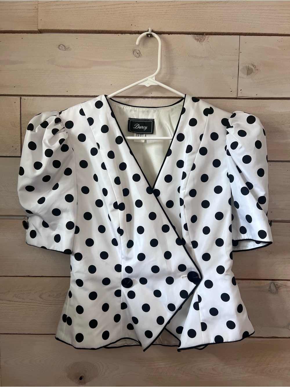 VTG 80s White & Black Polka Dot Puff-Sleeve Blazer Top Darcy sz S
